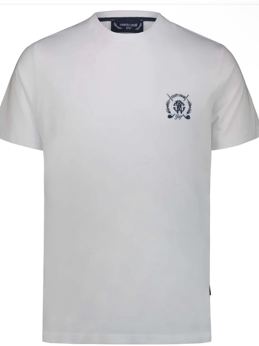 Roberto Cavalli Men&acirc;s Golf White Tshirt W Embroidered Navy Crest Nwt